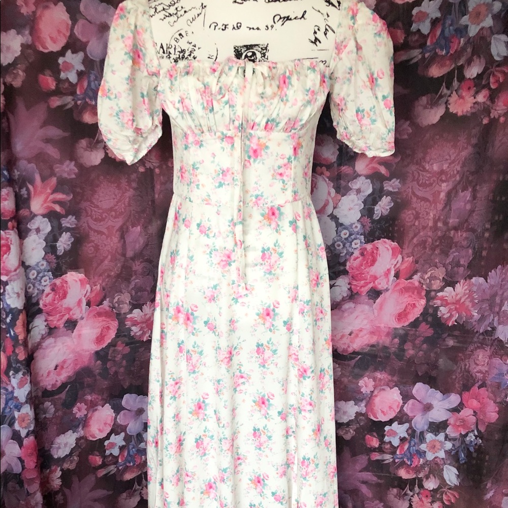 Floral dress puff sleeve summer flower slit long maxi cream gold women’s ruched - Picture 11 of 13